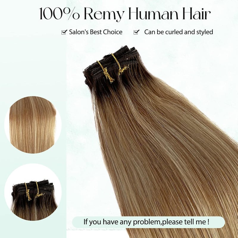 Valiilo Clip in Hair Extensions Real Human Hair 7Pcs 18 Inch Balayage Blonde Human Hair Clip in Extensions Ombre Brown to Bleach Blonde Highlights Hair for Women - Image 3